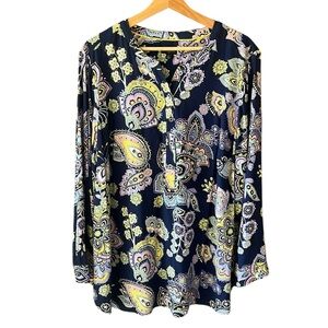 Talbots 2X Popover Navy Paisley Tunic Blouse Top